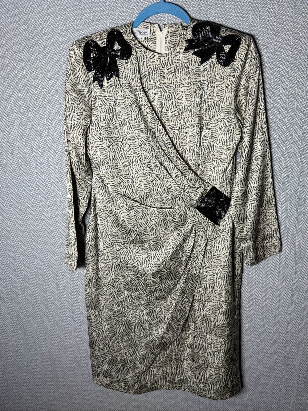 Horchow Black & Cream Long-Sleeve Twist-Front Dress with Bow Accents